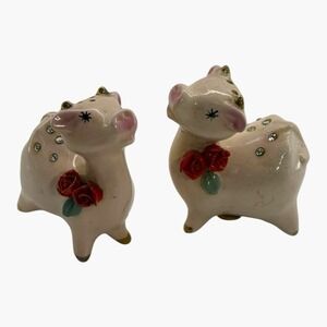 VTG 1950s Napco Japan Cow Salt & Pepper Shaker Set Pink Roses Glam Kitsch